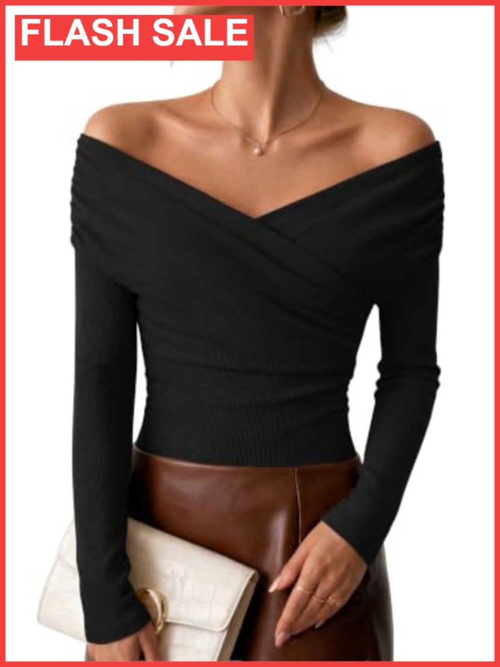 Off Shoulder Wrap Long Sleeve Crop Top - Slim Fit Going Out Y2K Style